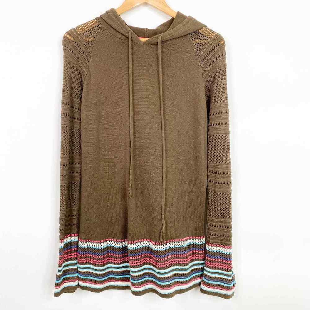 Athleta Hooded Crochet Pullover Sweater Womens Medium 100% Cotton Brown Striped